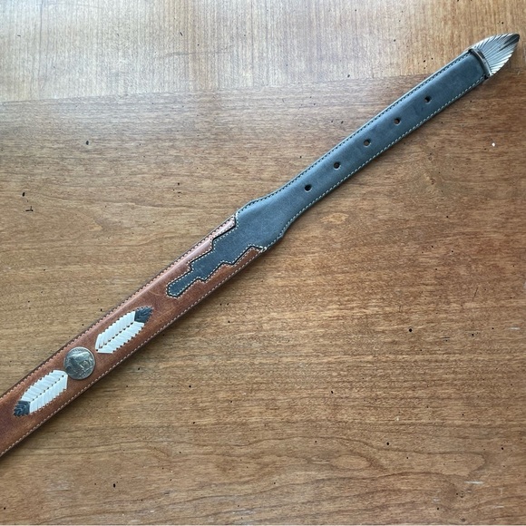 Vintage Buffalo & Indian Head Coin Concho Western Gray & Brown Leather Belt 34" - Picture 8 of 14